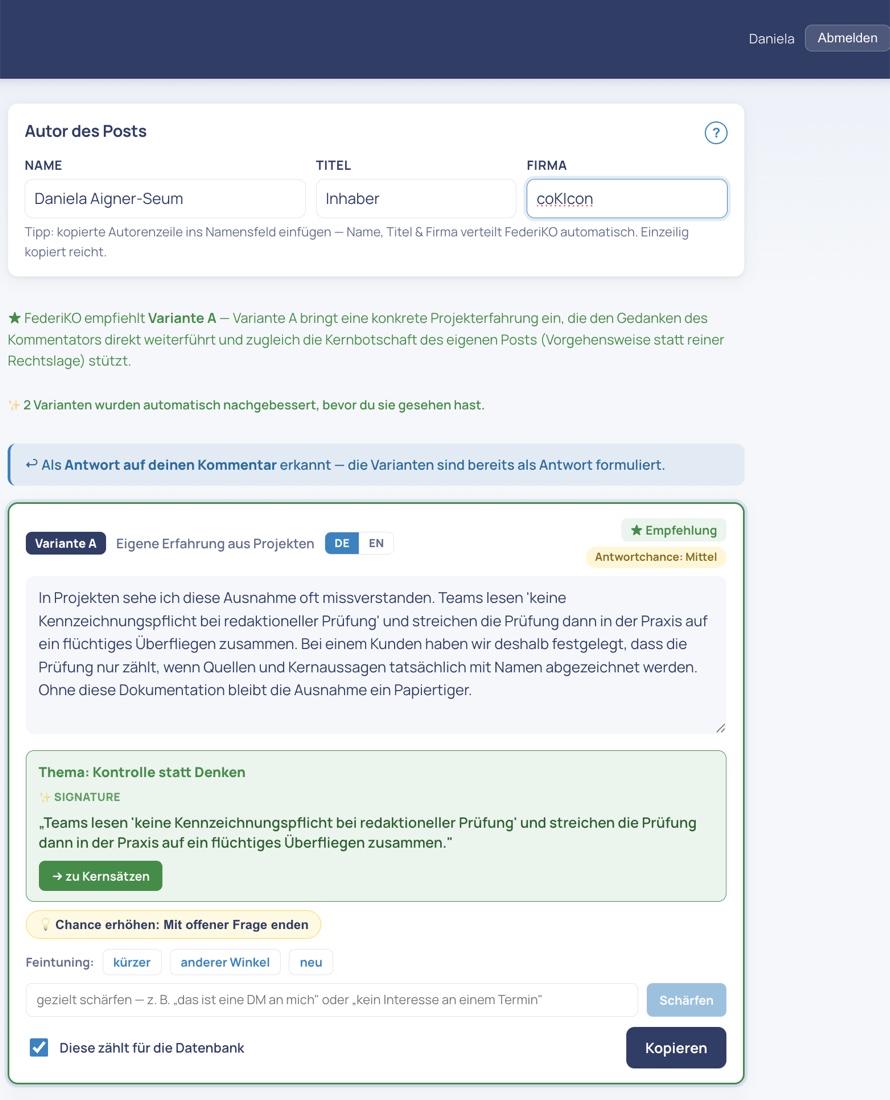 FederiKO zeigt einen fertigen Kommentarvorschlag mit Begründung, Sprachwahl und Bewertung der Antwortchance