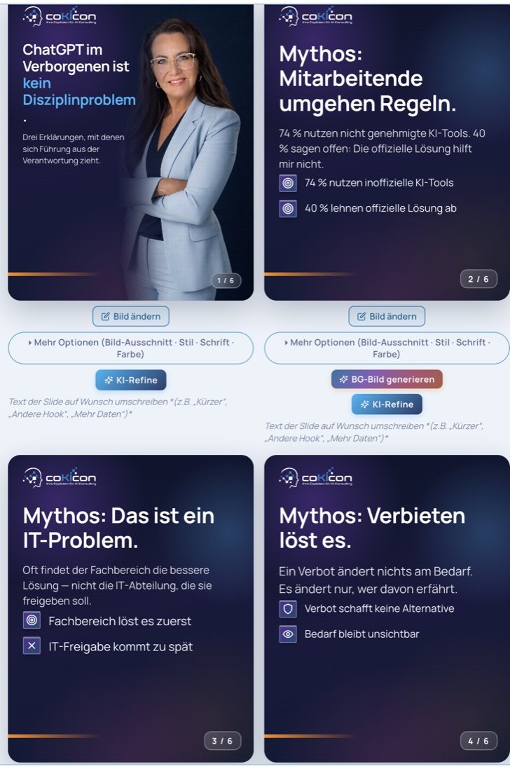 Fertige Karussell-Folien im coKIcon-Design, jede mit Logo, Überschrift und Datenpunkten