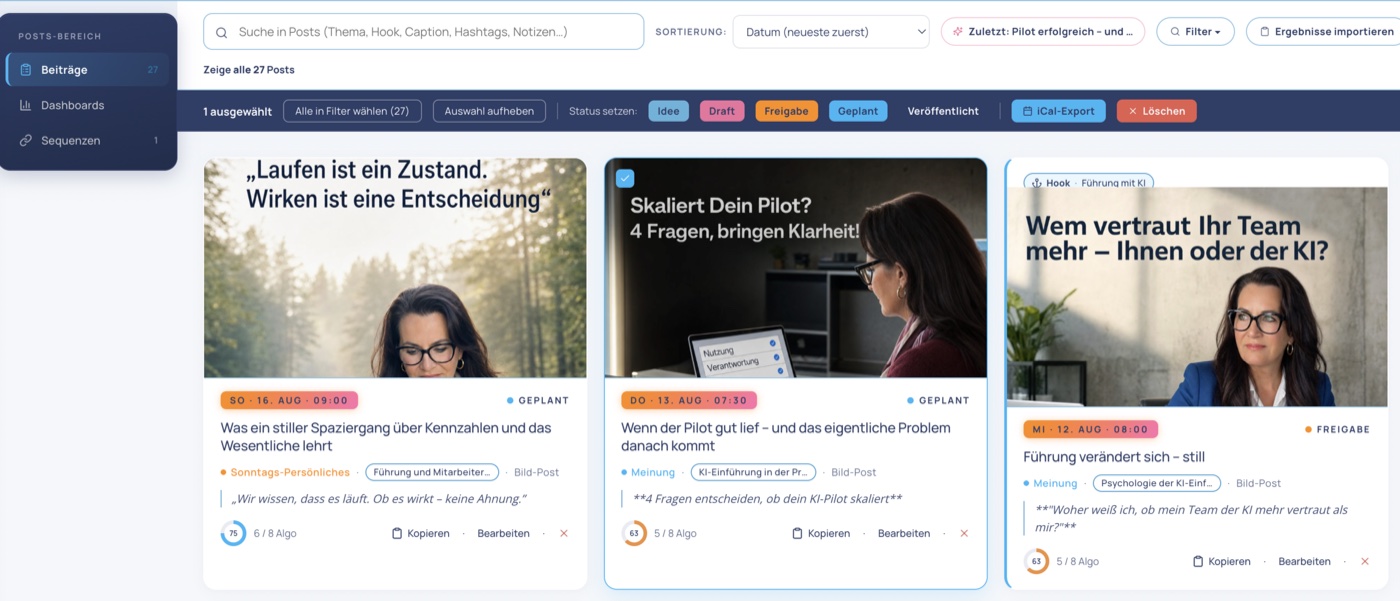 Die Beitrags-Übersicht in Federik mit geplanten Beiträgen, jeweils mit Bild, Datum, Status und Bewertung